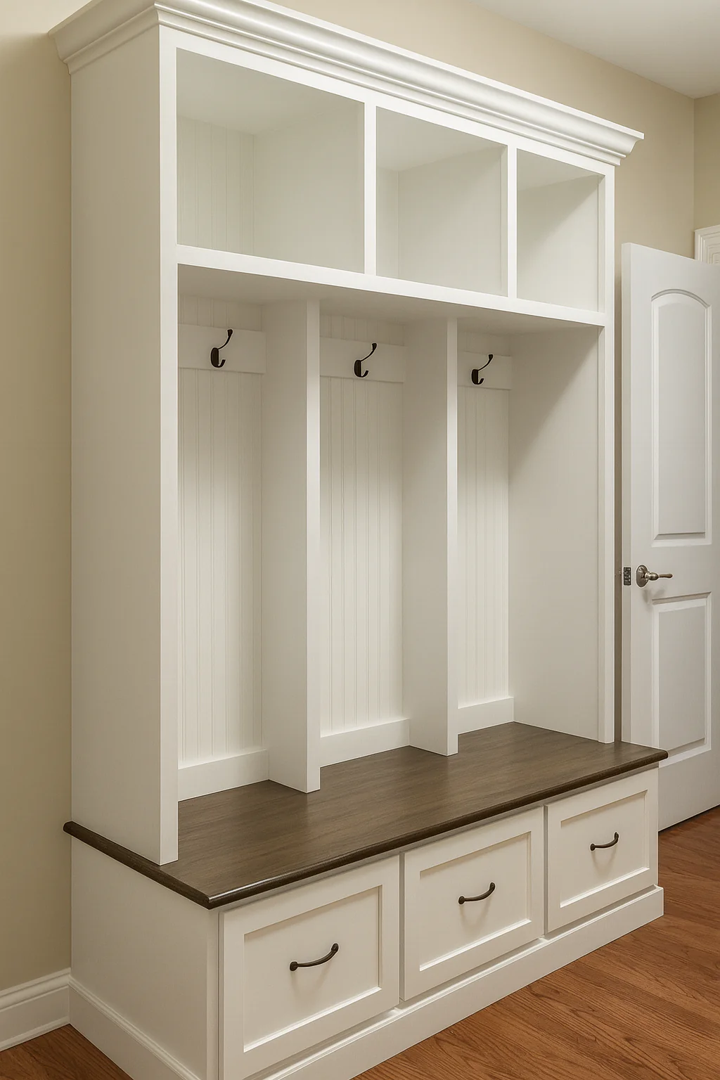 Merrick Mudroom Bench with Coat and Shoe Storage – 3 Section Entryway Organizer | Farmhouse Hall Tree with Hooks and Cubbies - Image 4